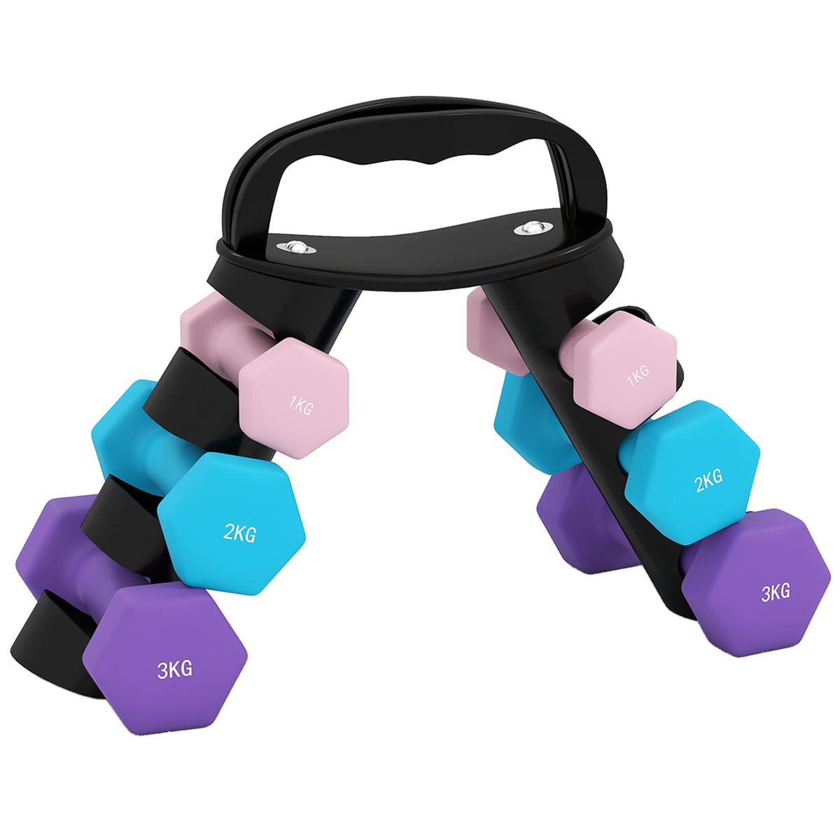 Photo of SPORTNOW Dumbbells Set with Storage Rack, 2 x 1kg, 2 x 2kg, 2 x 3kg, Pink in Pink colour on a white background