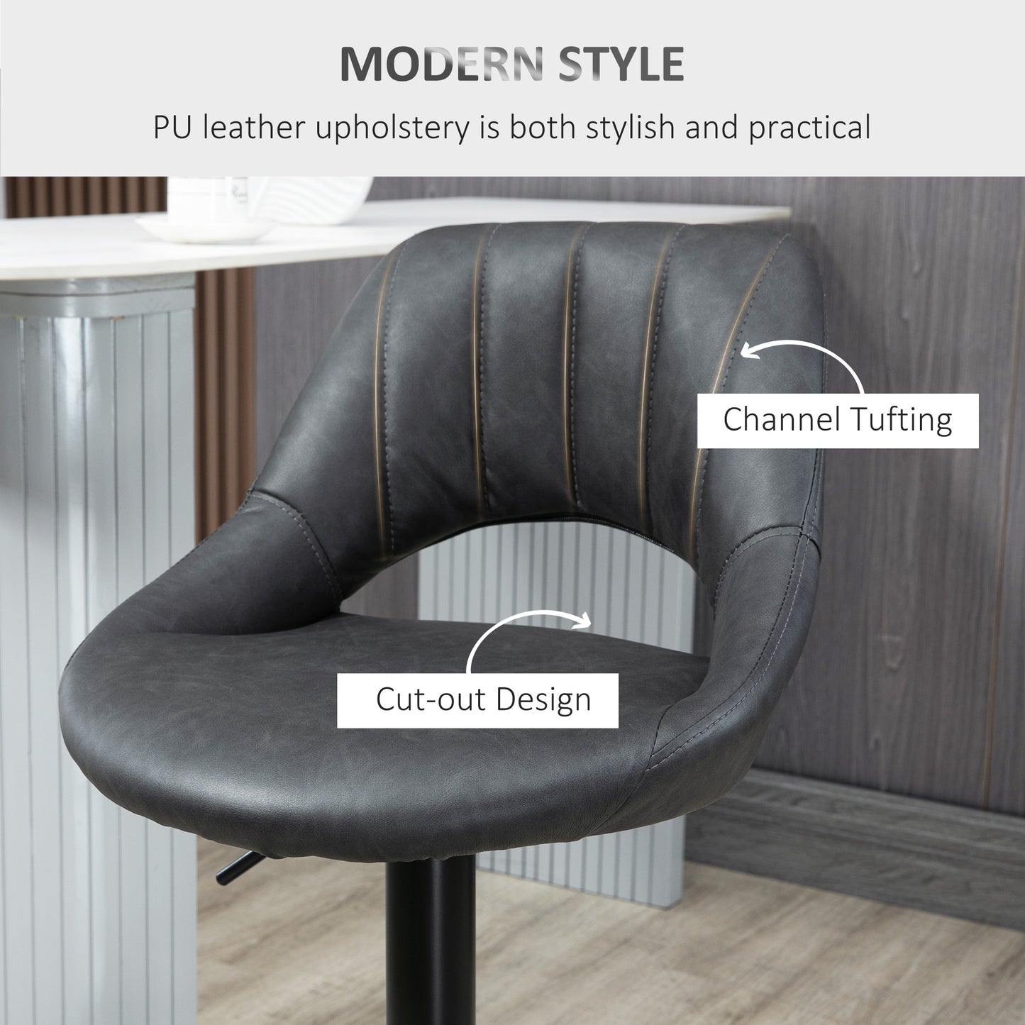 HOMCOM Bar Stools Set of 2, PU Leather Swivel Barstools with Backrest and Footrest for Kitchen, Counter, Breakfast Bar, Grey