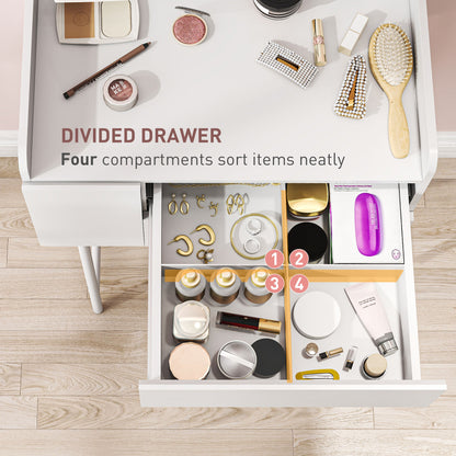 Open dressing table drawer with four compartments for organized storage