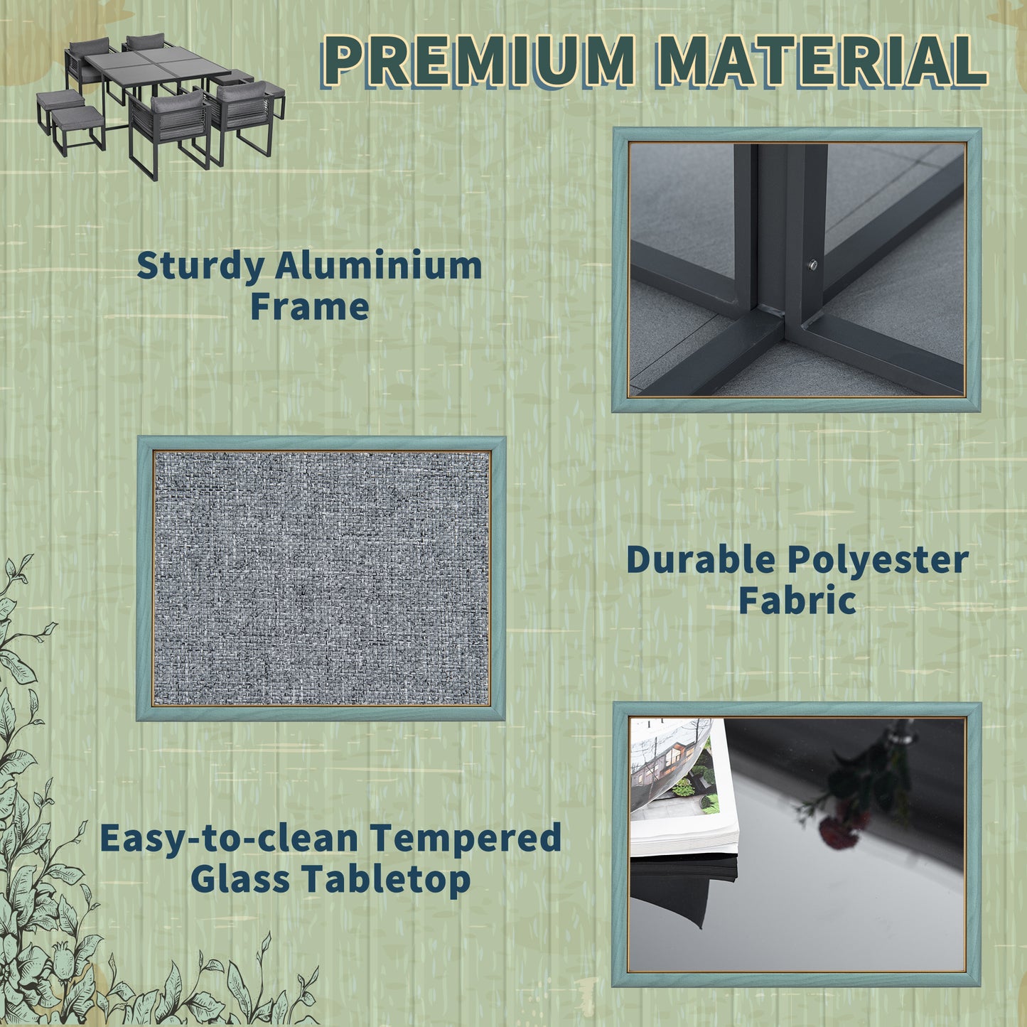 Outsunny Nine-Piece Aluminium Garden Set, with Glass-Top Table - Grey