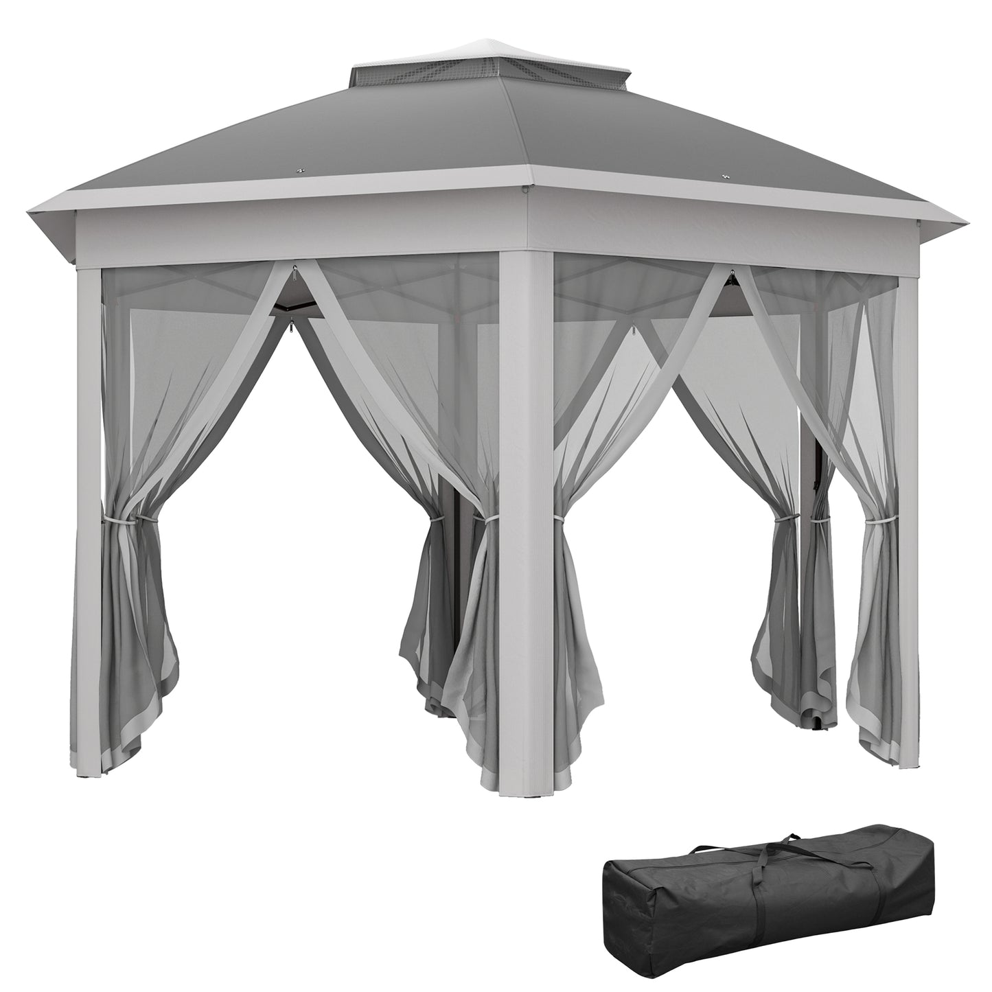 Photo of Outsunny 3 x 4m Garden Gazebo Hexagon Pop Up Gazebo Party Tent Canopy Double Roof Instant Shelter with Netting and Carry Bag for Outdoor Patio, Dark Grey in Grey colour on a white background