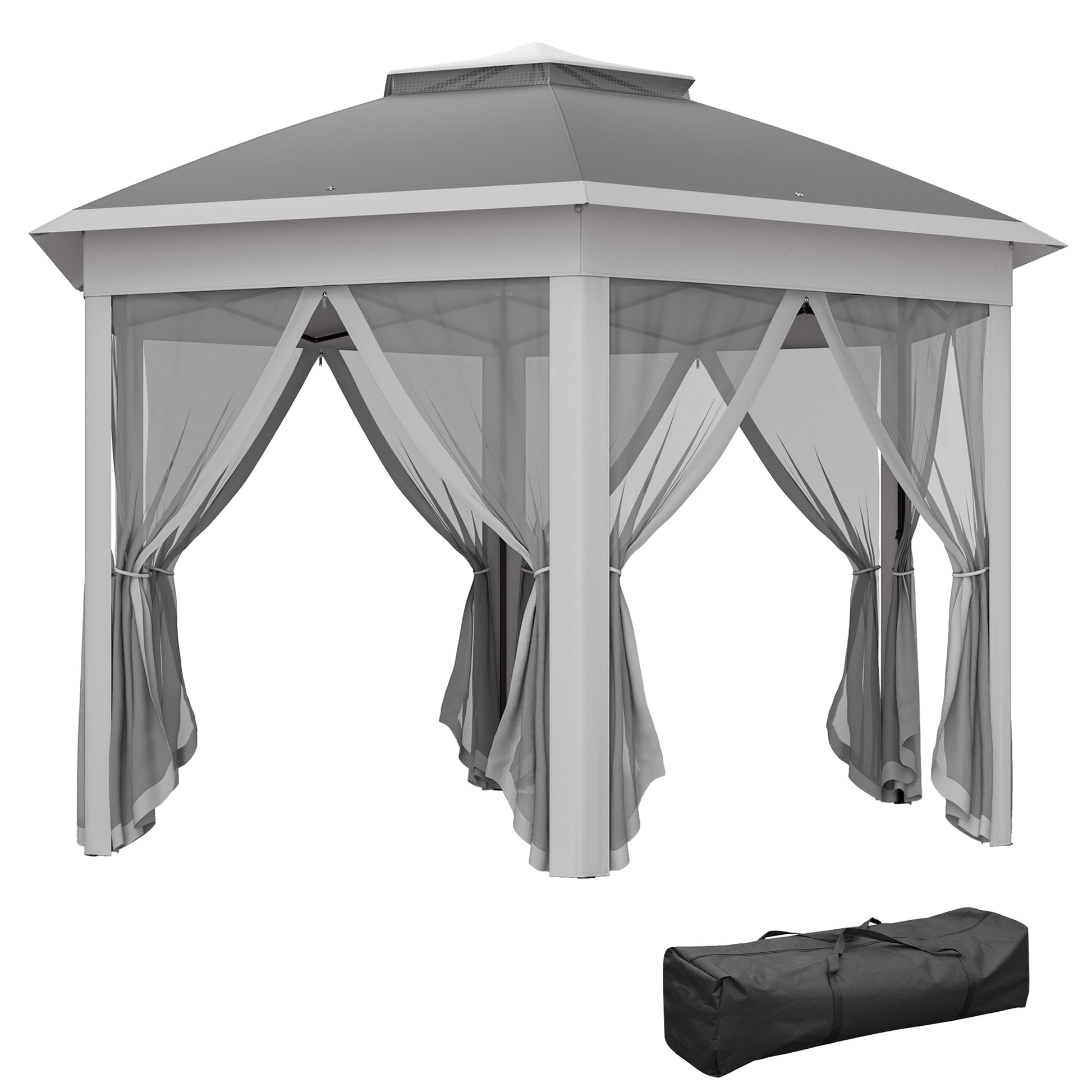 Photo of Outsunny 3 x 4m Garden Gazebo Hexagon Pop Up Gazebo Party Tent Canopy Double Roof Instant Shelter with Netting and Carry Bag for Outdoor Patio, Dark Grey in Grey colour on a white background