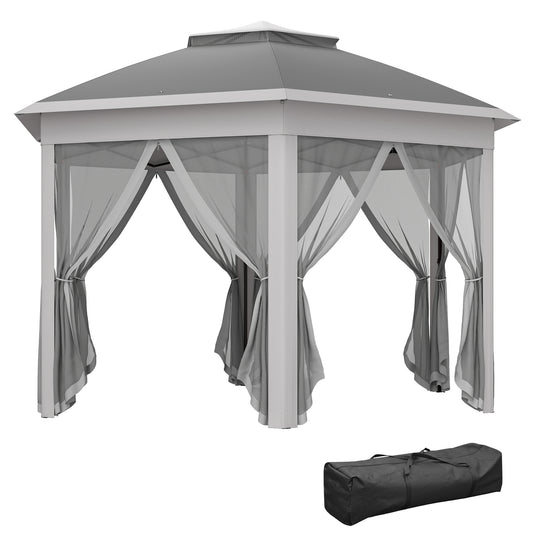 Photo of Outsunny 3 x 4m Garden Gazebo Hexagon Pop Up Gazebo Party Tent Canopy Double Roof Instant Shelter with Netting and Carry Bag for Outdoor Patio, Dark Grey in Grey colour on a white background