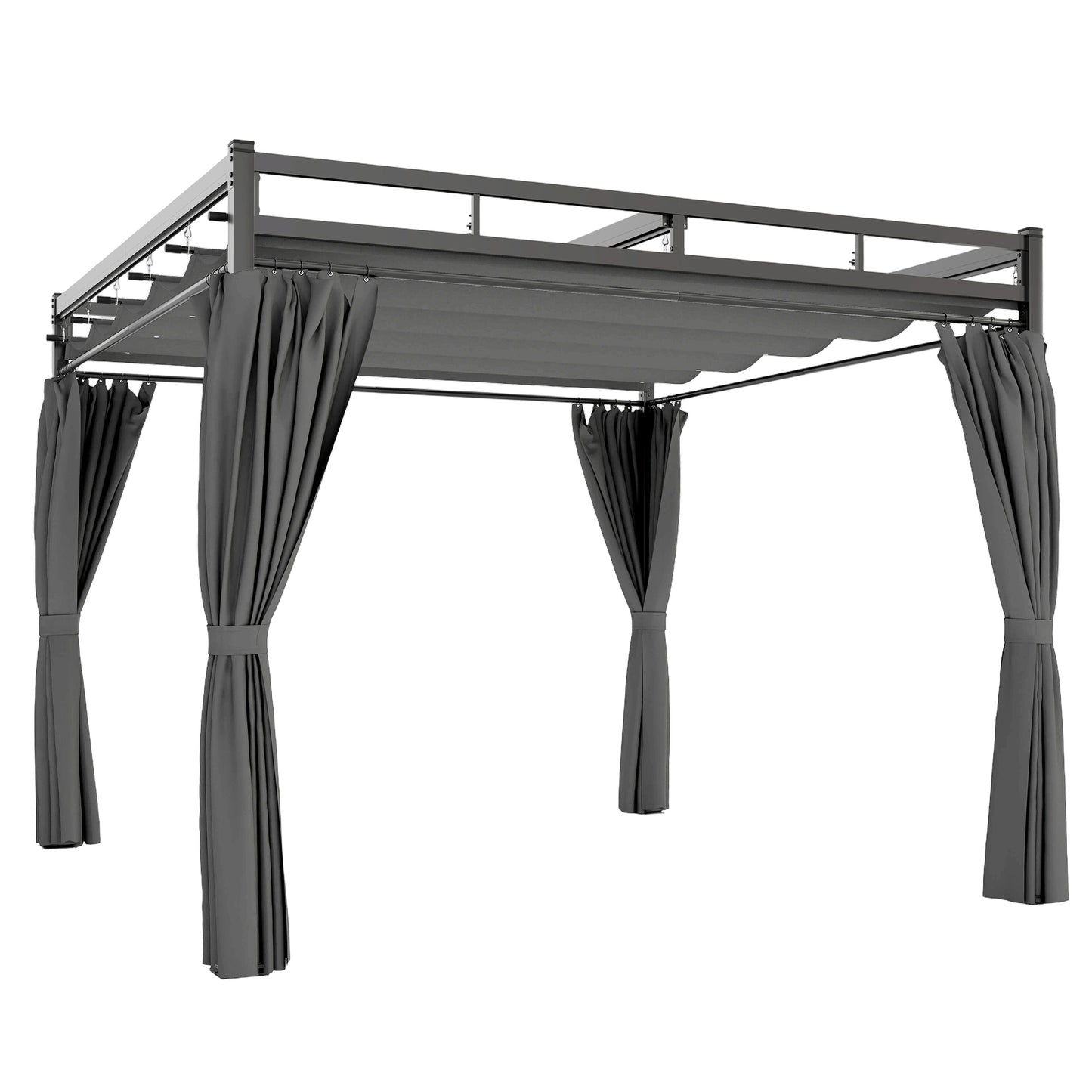 Photo of Outsunny 3 x 3 m Pergola with Retractable Roof Canopy and Curtains, UPF30+ Metal Frame Garden Pergola Gazebo Sun Shade, Dark Grey in Grey colour on a white background