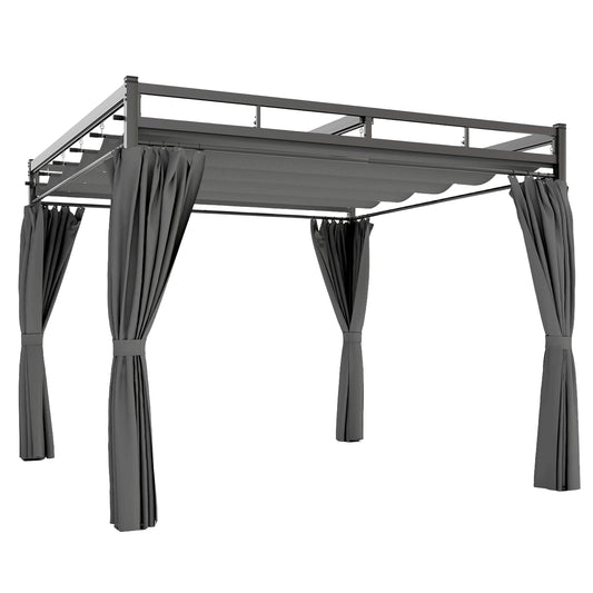 Photo of Outsunny 3 x 3 m Pergola with Retractable Roof Canopy and Curtains, UPF30+ Metal Frame Garden Pergola Gazebo Sun Shade, Dark Grey in Grey colour on a white background