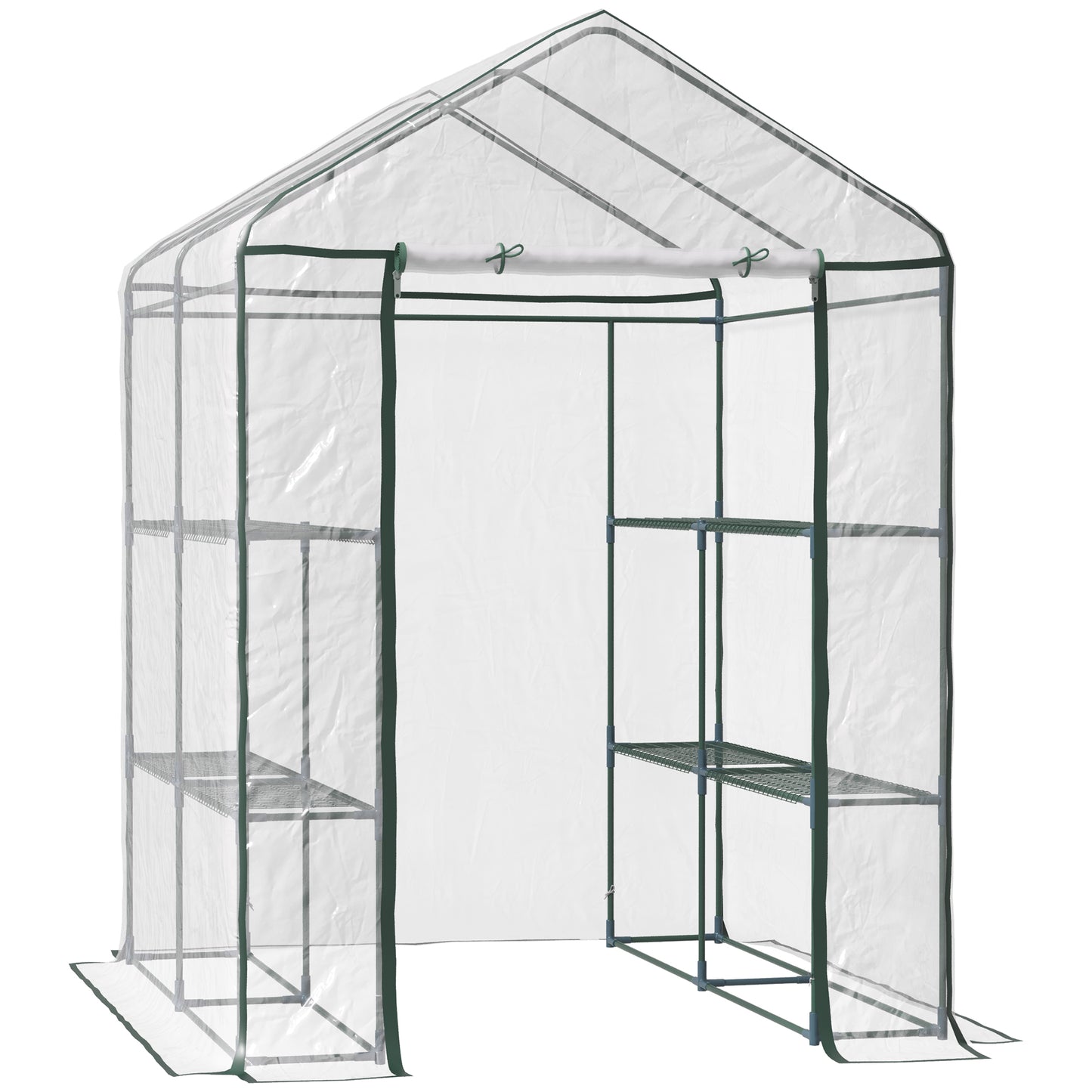 Photo of Outsunny Walk in Greenhouse with 3-Tier 8 Shelves, Green House with Hemmed Cover, Roll-up Zipped Door, Steel Frame, 143 x 143 x 195cm in 195cm colour on a white background