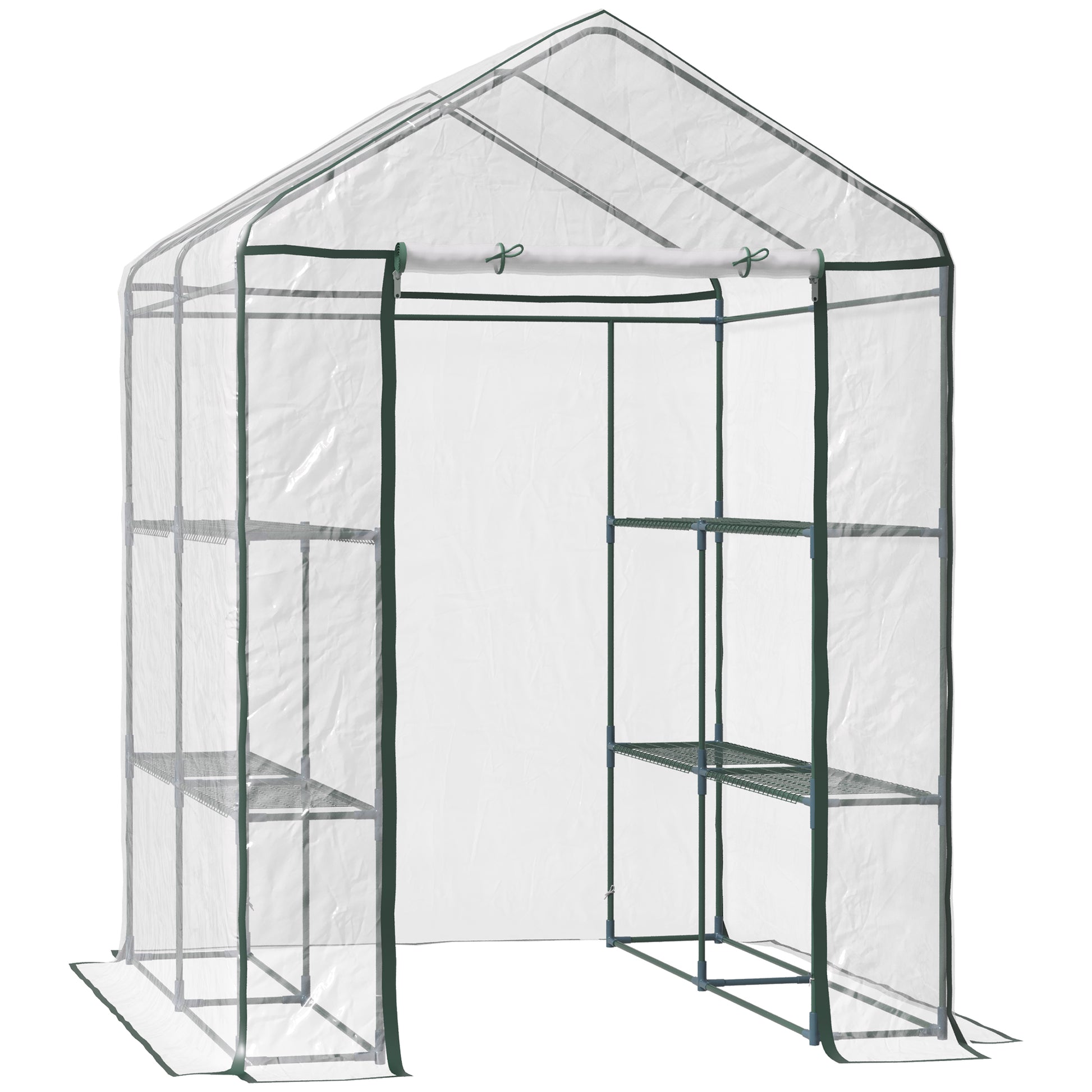 Photo of Outsunny Walk in Greenhouse with 3-Tier 8 Shelves, Green House with Hemmed Cover, Roll-up Zipped Door, Steel Frame, 143 x 143 x 195cm in 195cm colour on a white background