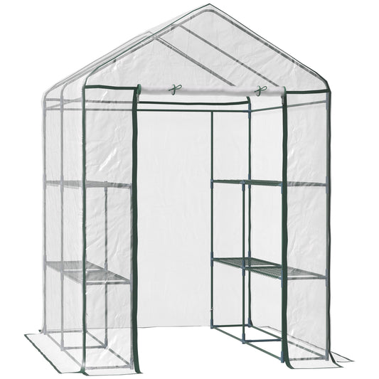 Photo of Outsunny Walk in Greenhouse with 3-Tier 8 Shelves, Green House with Hemmed Cover, Roll-up Zipped Door, Steel Frame, 143 x 143 x 195cm in 195cm colour on a white background
