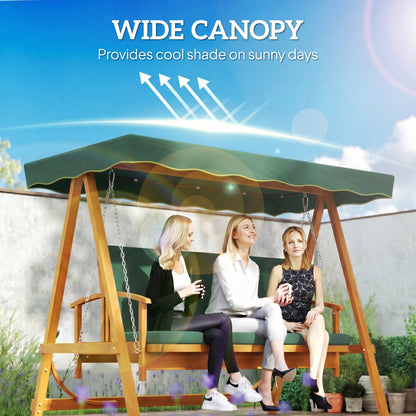 Three-seat wooden swing with a wide green shade canopy