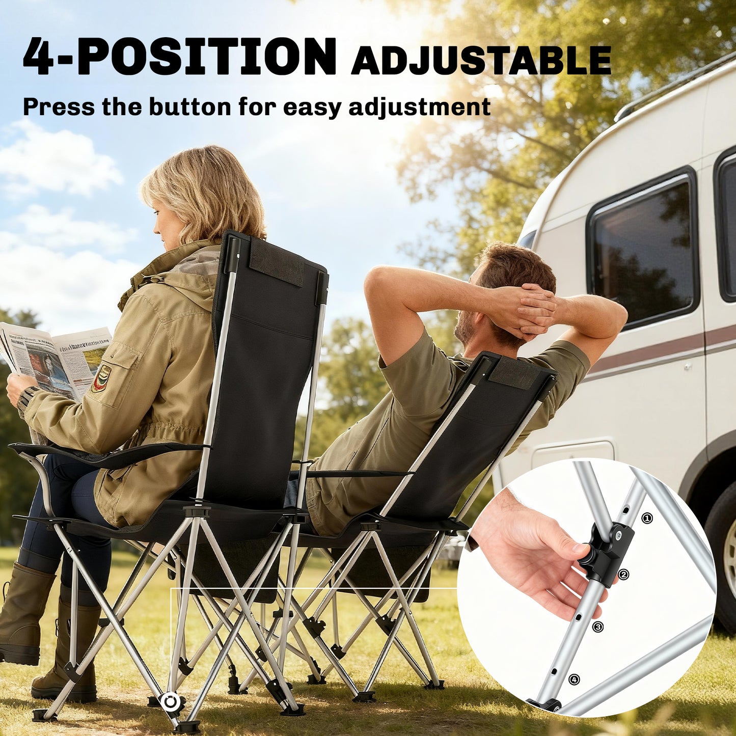 Outsunny Set of 2 Reclining Folding Camping Chair w/ Detachable Footrest, Storage Bag, Cup Holder & Headrest, Lightweight Portable Camp Chair for Beach, Picnic, Orange and Black