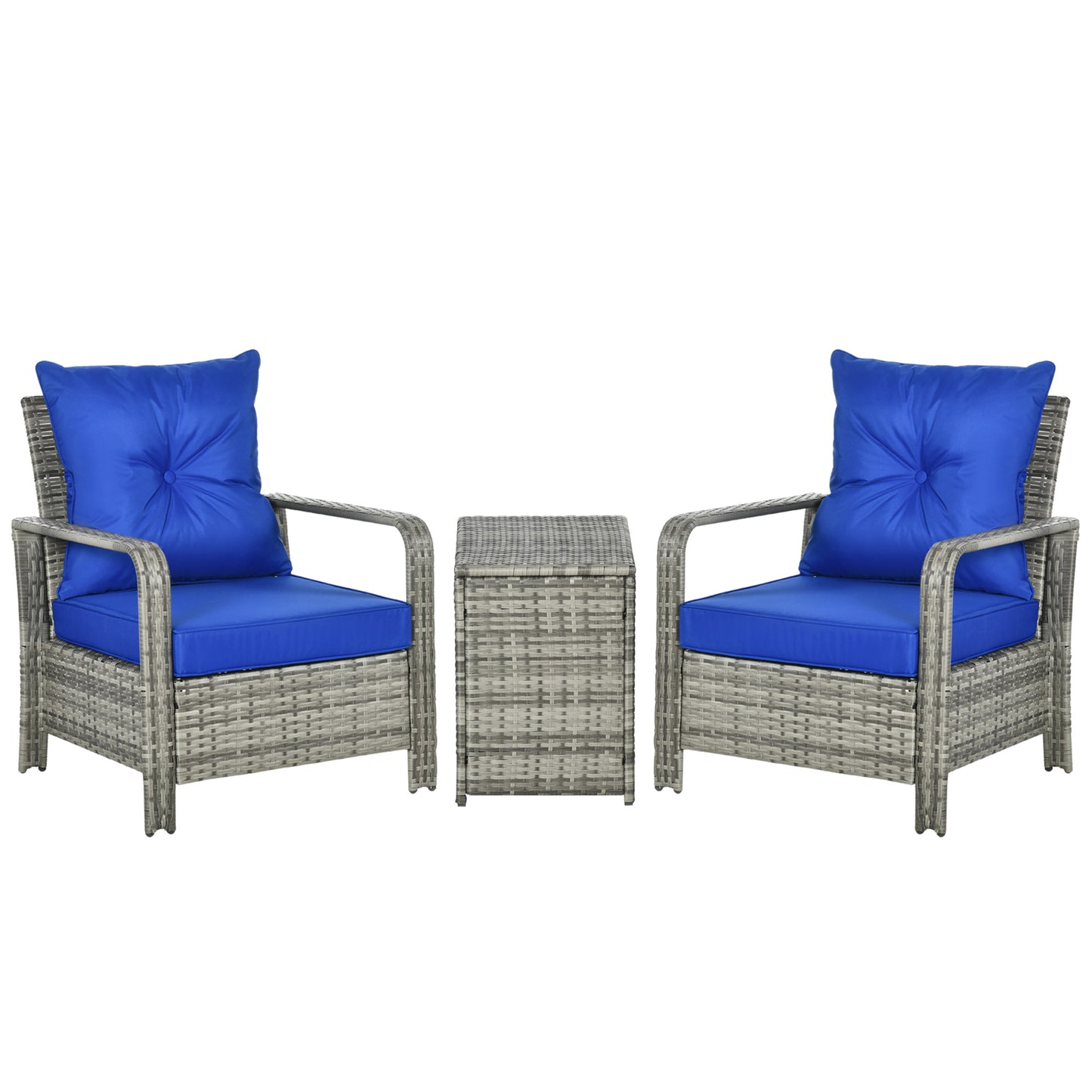 Photo of Outsunny 3 Pieces Rattan Bistro Set, Wicker Garden Furniture Set with Storage Coffee Table and Chairs, Thickened Cushions for Outdoor, Patio, Balcony, Blue in Blue colour on a white background