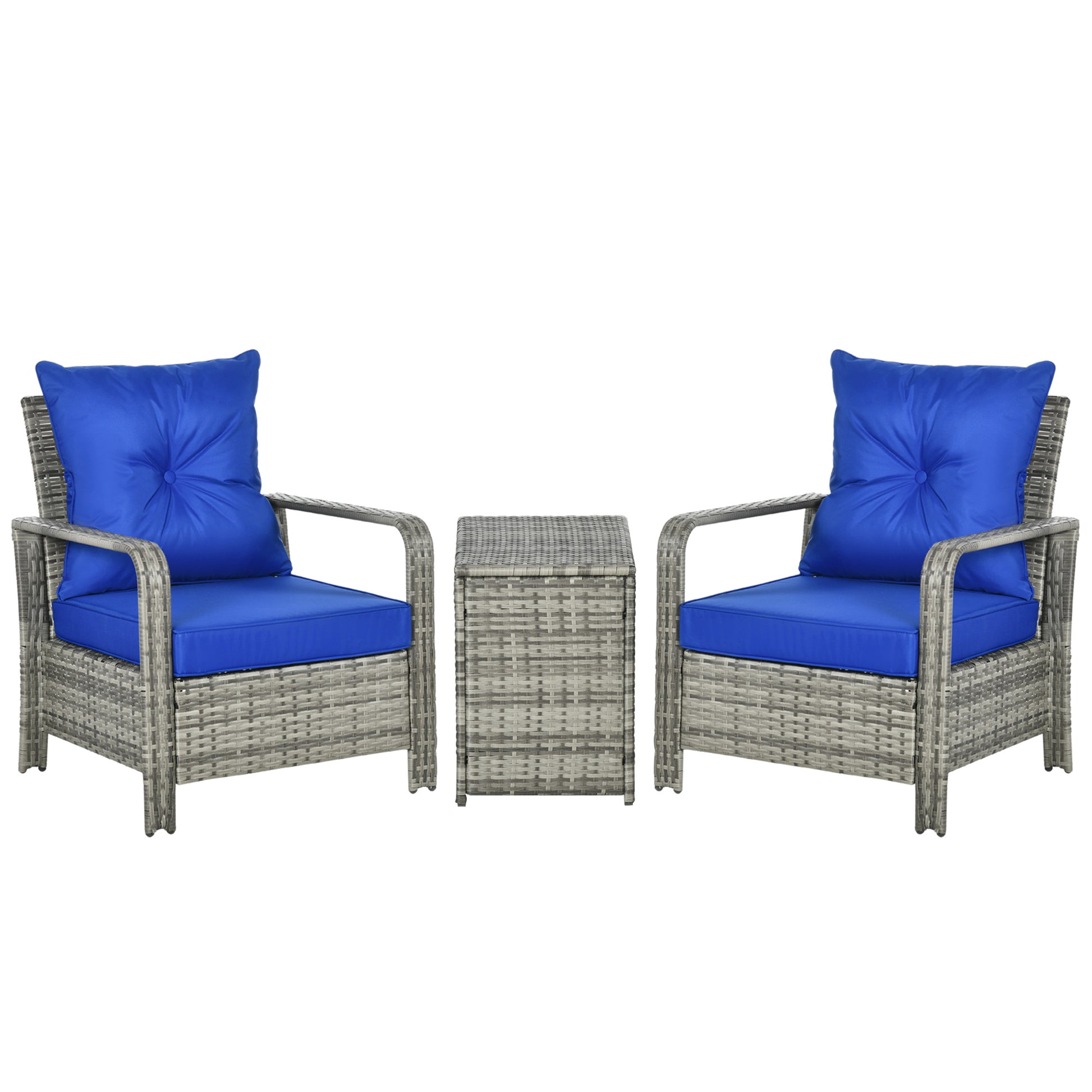 Photo of Outsunny 3 Pieces Rattan Bistro Set, Wicker Garden Furniture Set with Storage Coffee Table and Chairs, Thickened Cushions for Outdoor, Patio, Balcony, Blue in Blue colour on a white background