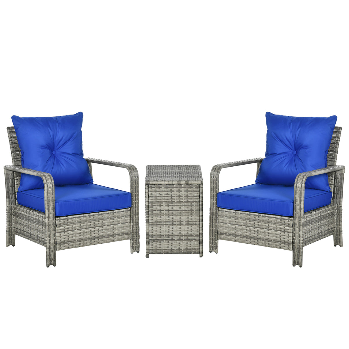Photo of Outsunny 3 Pieces Rattan Bistro Set, Wicker Garden Furniture Set with Storage Coffee Table and Chairs, Thickened Cushions for Outdoor, Patio, Balcony, Blue in Blue colour on a white background