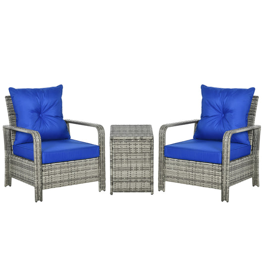 Photo of Outsunny 3 Pieces Rattan Bistro Set, Wicker Garden Furniture Set with Storage Coffee Table and Chairs, Thickened Cushions for Outdoor, Patio, Balcony, Blue in Blue colour on a white background