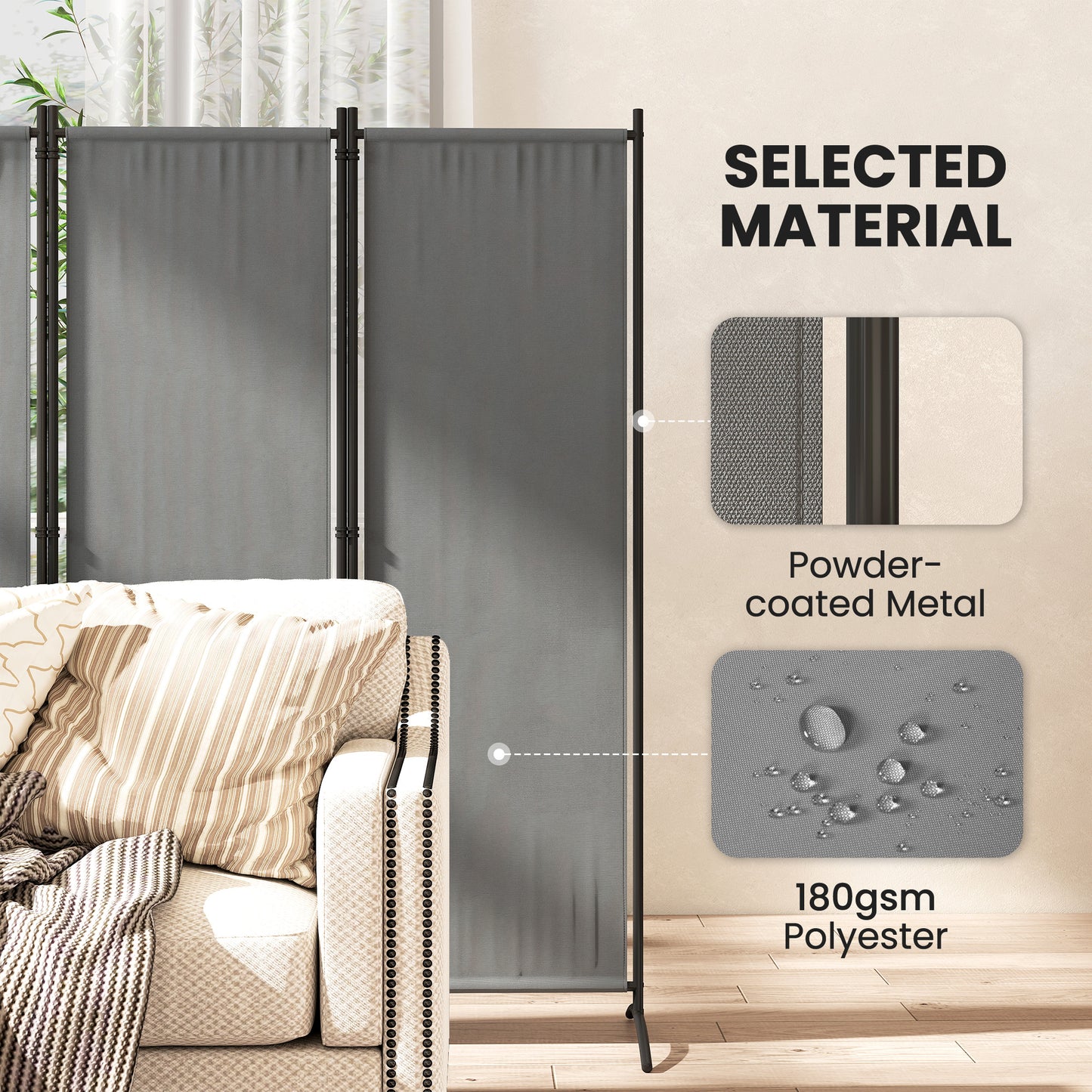 Outsunny 4 Panel Folding Room Divider, 1.7m Privacy Screen with Wide Feet, Portable Freestanding Metal Partition Separator for Office, Living Room, Bedroom, Dining Room, Dark Grey