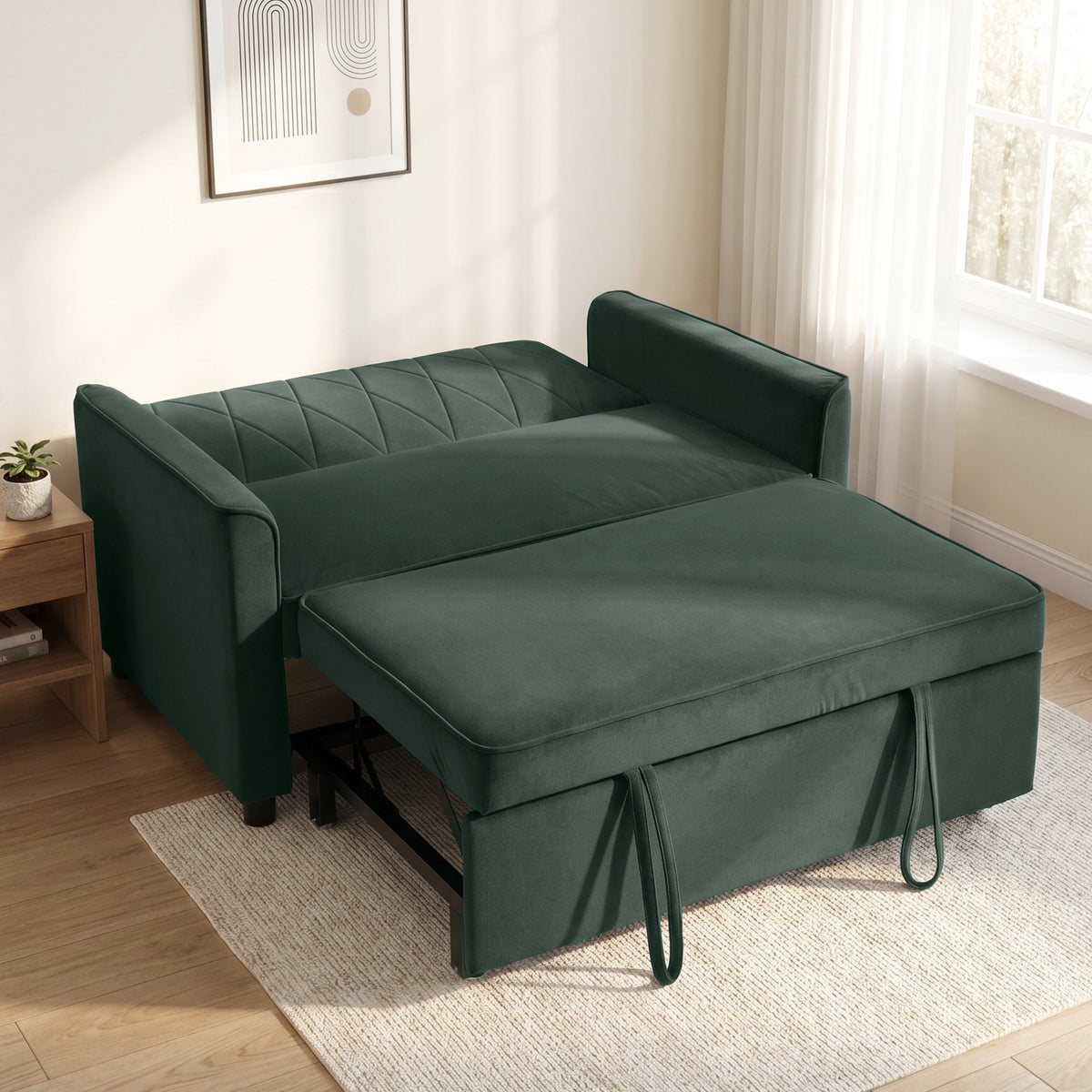 HOMCOM 2 Seater Sofa Bed, 3-in-1 Convertible Pull Out Sleeper Sofa with Click-Clack Adjustable Backrest, Dark Green