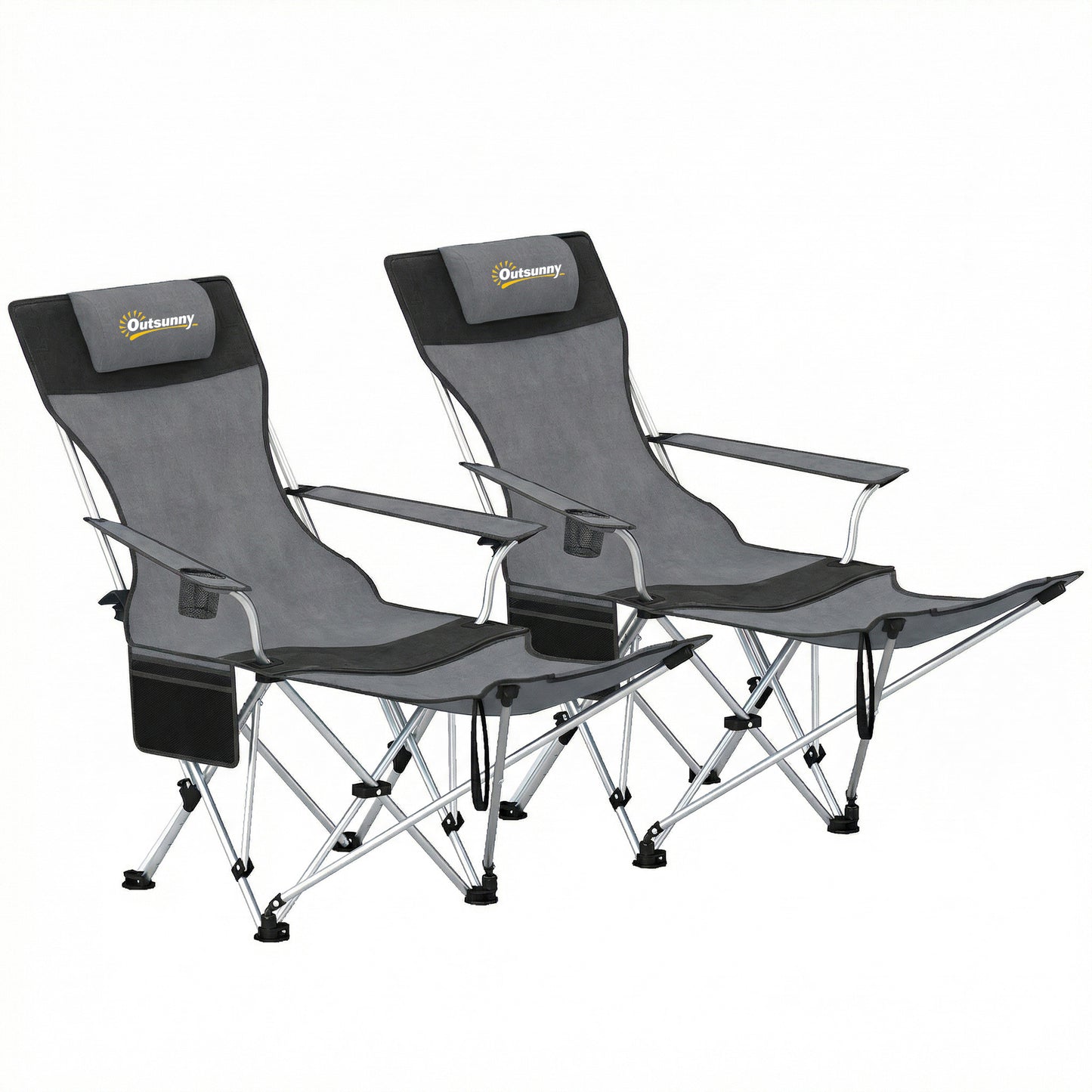 Photo of Outsunny Set of 2 Reclining Folding Camping Chair w/ Detachable Footrest, Storage Bag, Cup Holder & Headrest, Lightweight Portable Camp Chair for Beach, Picnic, Grey and Black in Black colour on a white background