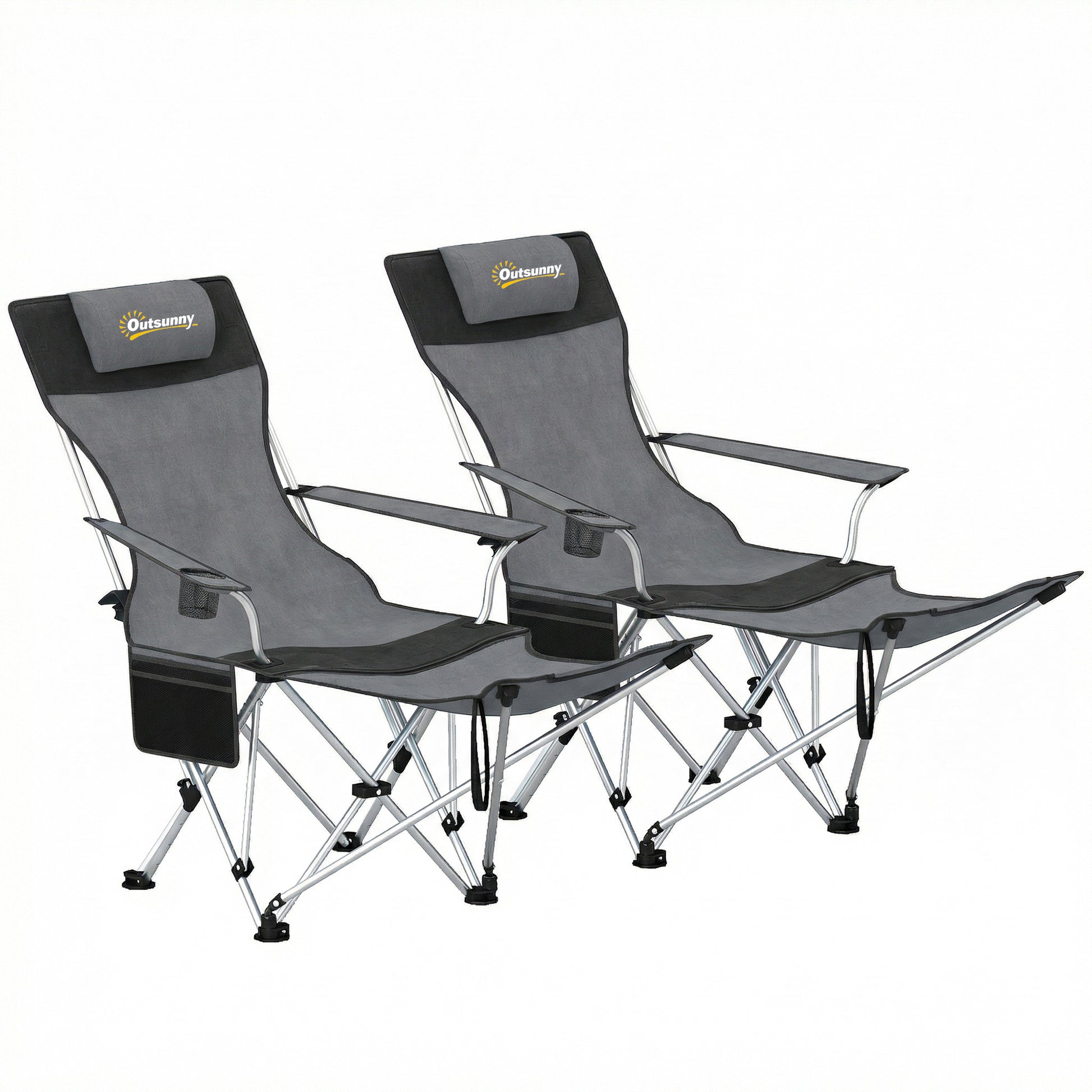 Photo of Outsunny Set of 2 Reclining Folding Camping Chair w/ Detachable Footrest, Storage Bag, Cup Holder & Headrest, Lightweight Portable Camp Chair for Beach, Picnic, Grey and Black in Black colour on a white background