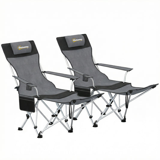 Photo of Outsunny Set of 2 Reclining Folding Camping Chair w/ Detachable Footrest, Storage Bag, Cup Holder & Headrest, Lightweight Portable Camp Chair for Beach, Picnic, Grey and Black in Black colour on a white background