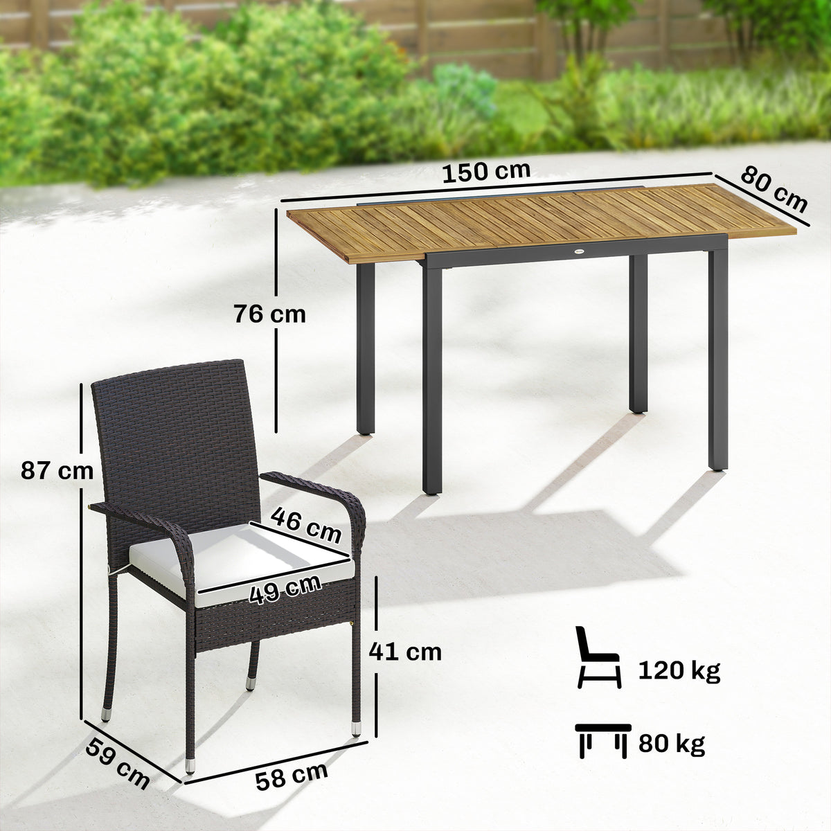 Outsunny 7 Piece Rattan Garden Furniture Set, 6 Seater Garden Table and 6 Stackable Chairs with Extendable Acacia Wood Tabletop