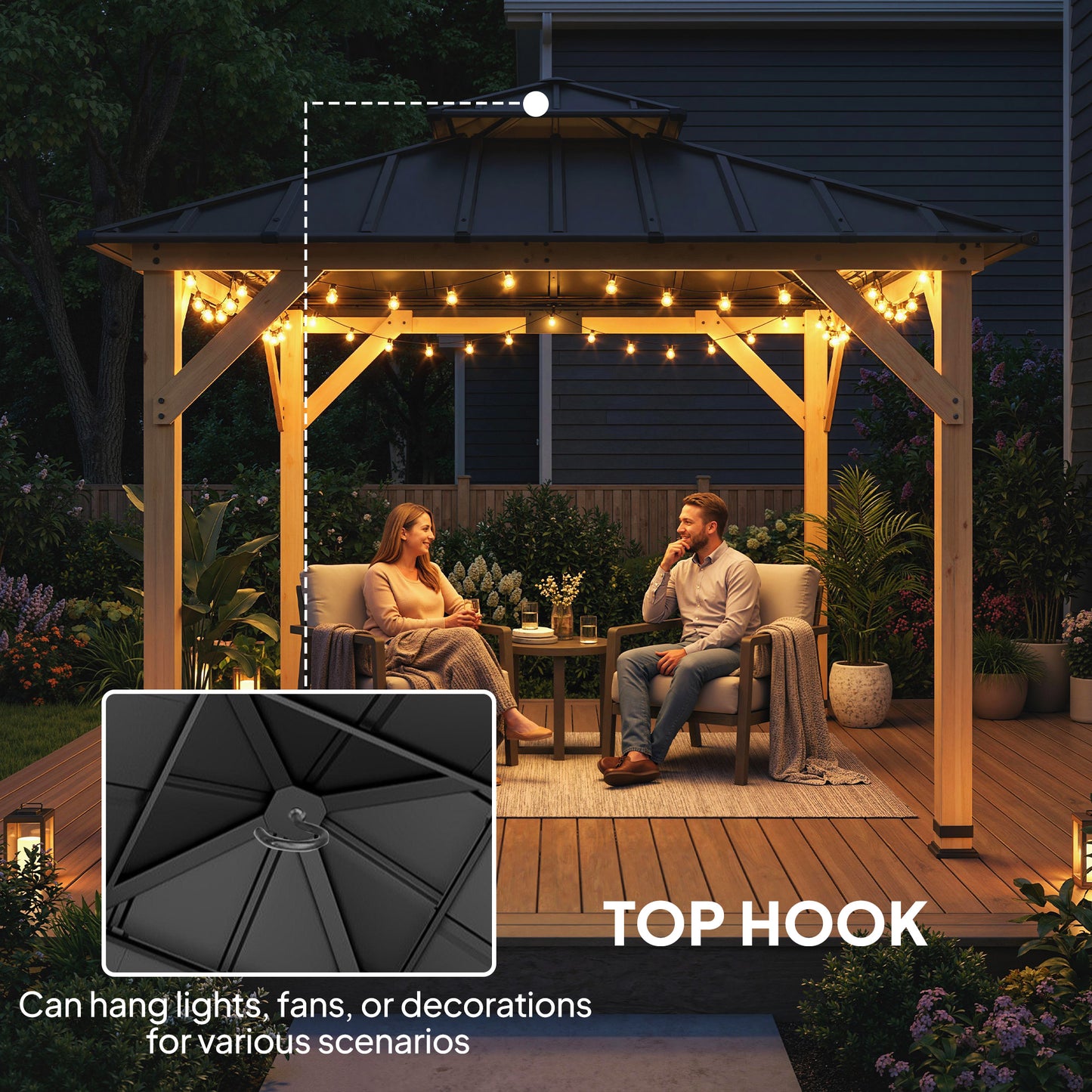 Outsunny 3 x 3 m Outdoor Hardtop Gazebo Canopy with 2-Tier Steel Roof, Wood Garden Gazebo with Curtains, Grey