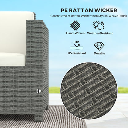 Close-up of the sofa's dark gray hand-woven, weather-resistant rattan frame