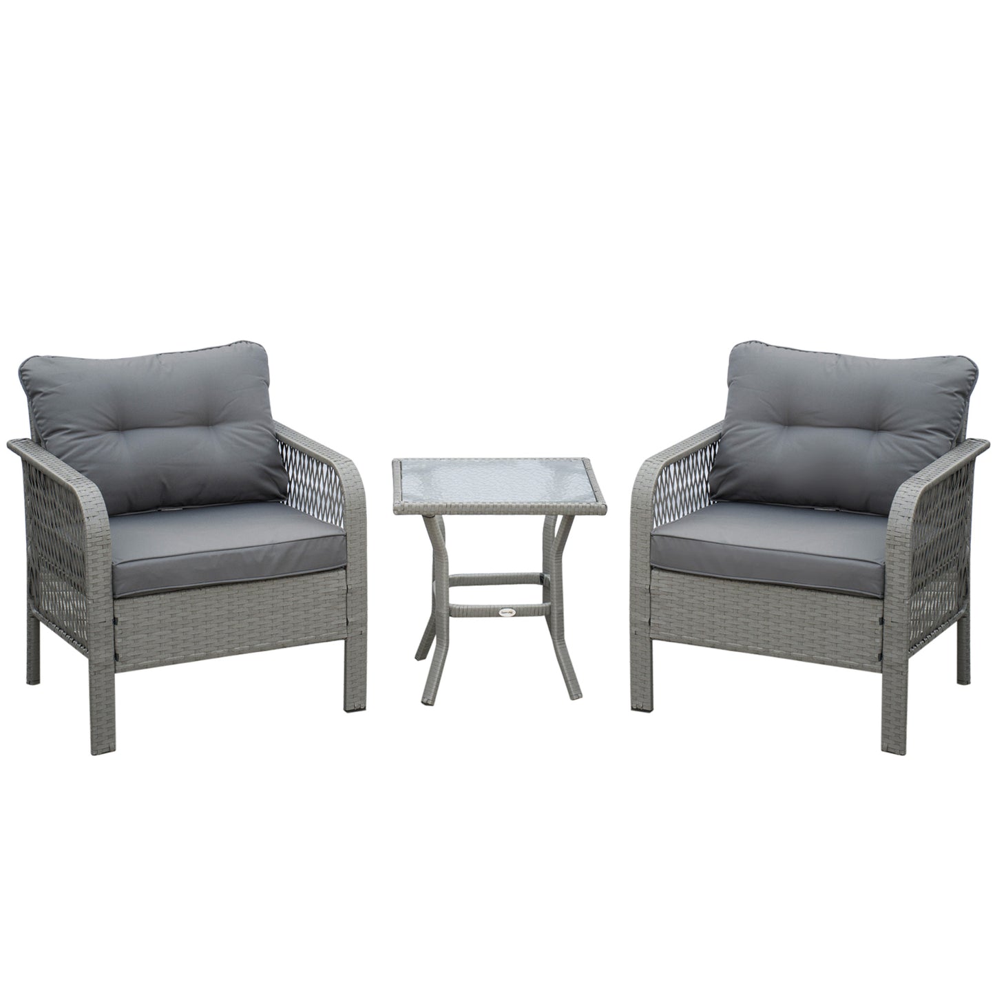 Photo of Outsunny 3 Pieces Rattan Bistro Set with Glass Top Coffee Table, Chairs and Cushions for Outdoor, Patio, Balcony, Grey in Grey colour on a white background