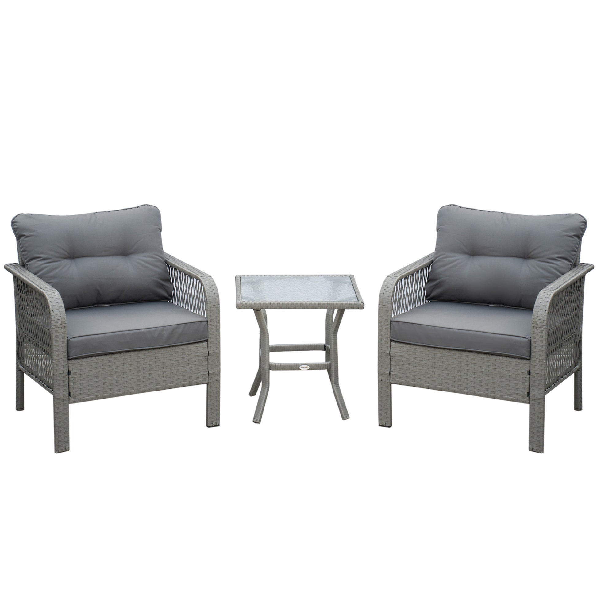 Photo of Outsunny 3 Pieces Rattan Bistro Set with Glass Top Coffee Table, Chairs and Cushions for Outdoor, Patio, Balcony, Grey in Grey colour on a white background
