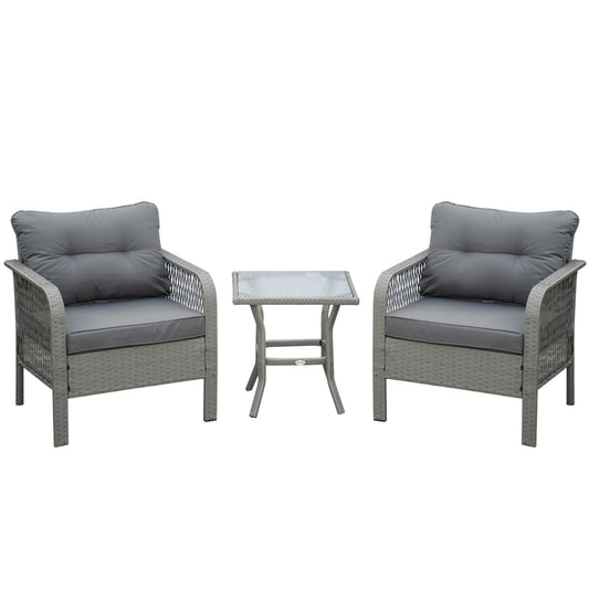 Photo of Outsunny 3 Pieces Rattan Bistro Set with Glass Top Coffee Table, Chairs and Cushions for Outdoor, Patio, Balcony, Grey in Grey colour on a white background
