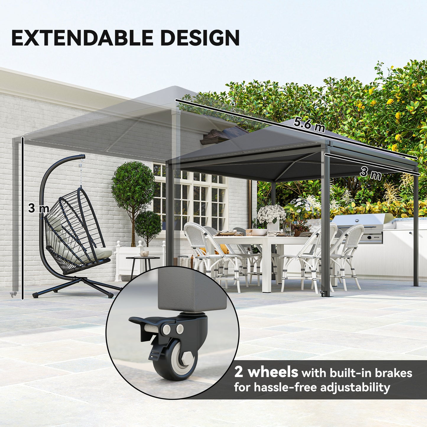 Outsunny 3 x 6m Garden Gazebo with Extendable Awning and Wheels, UPF30+ Metal Gazebo Canopy Shelter for BBQ, Dark Grey