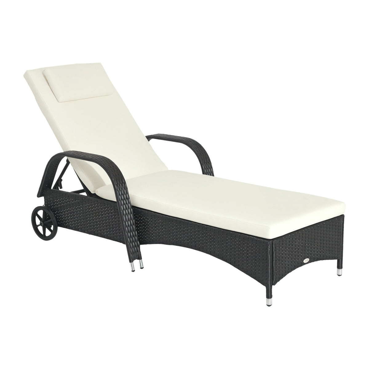 Outsunny black rattan sun lounger with cream cushion, adjustable backrest, headrest and wheels