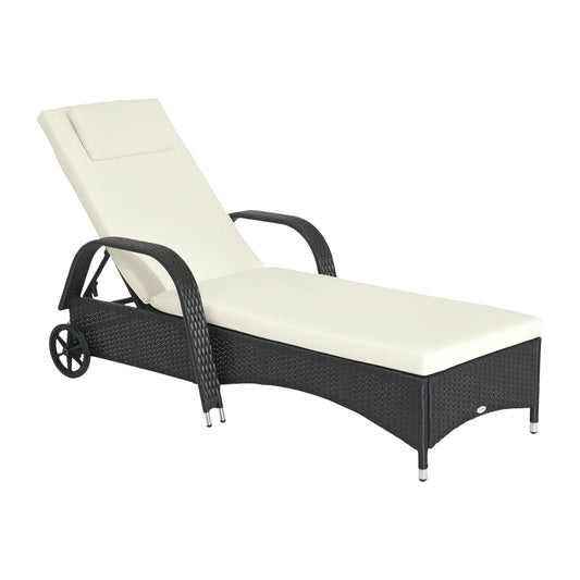 Photo of Outsunny Rattan Sun Lounger, Garden Lounger Recliner with Wheels and Adjustable Backrest, Outdoor Reclining Sunbed Garden Chair with Cushion and Headrest for Patio, Beach, Terrace, Black in Black colour on a white background