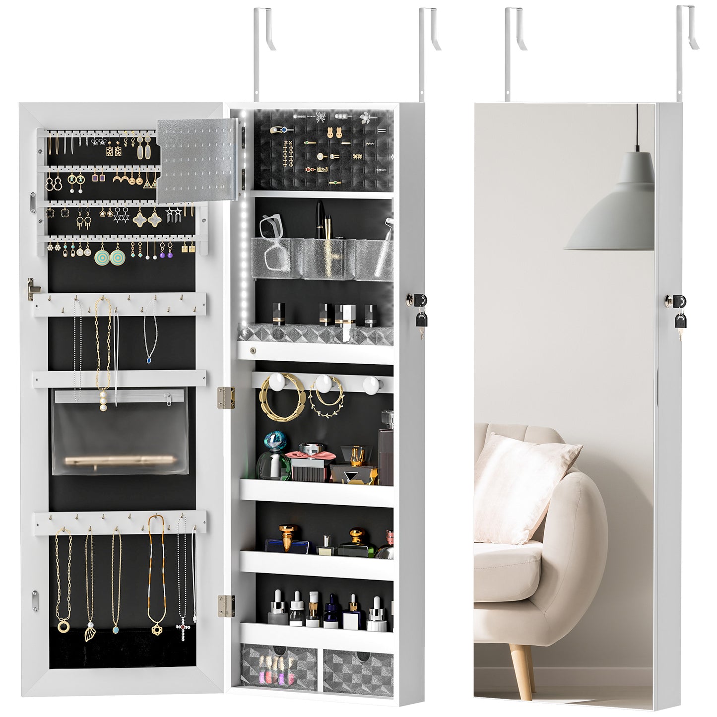 Photo of HOMCOM 108 x 37cm Lockable Jewellery Cabinet, with LED Lights - White Surface and Black Lining in Lining colour on a white background