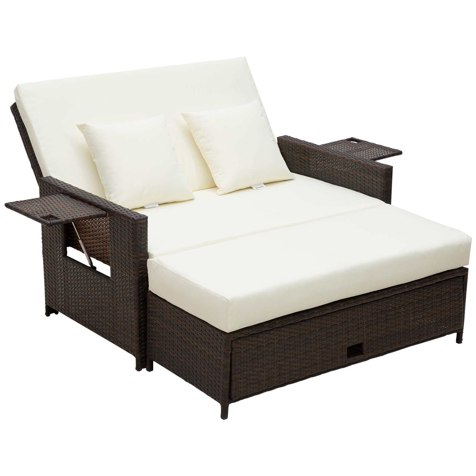 Photo of Outsunny Rattan Sun Lounger 2 Seater Day Bed with Cushions, Brown in Brown colour on a white background