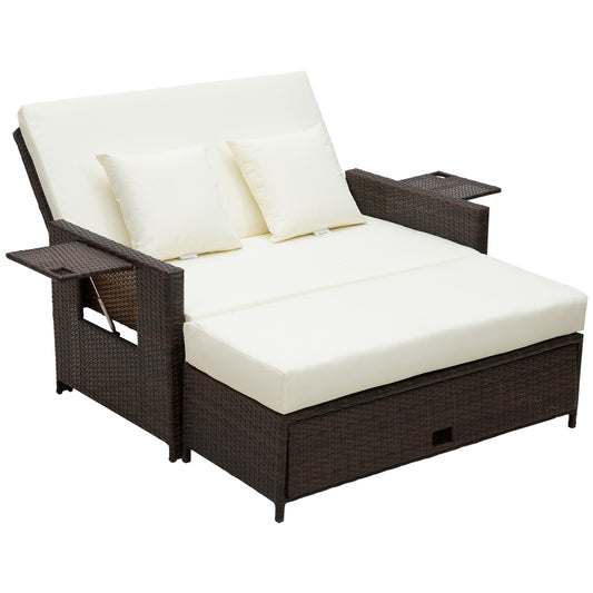 Photo of Outsunny Rattan Sun Lounger 2 Seater Day Bed with Cushions, Brown in Brown colour on a white background