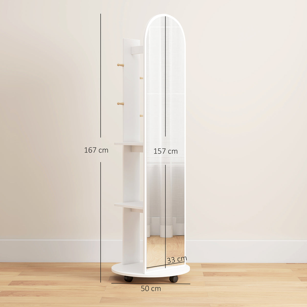 HOMCOM 2-in-1 Full Length Mirror with Storage Shelves, Floor Mirror with 4 Wheels, Coat Rack, Hooks, White