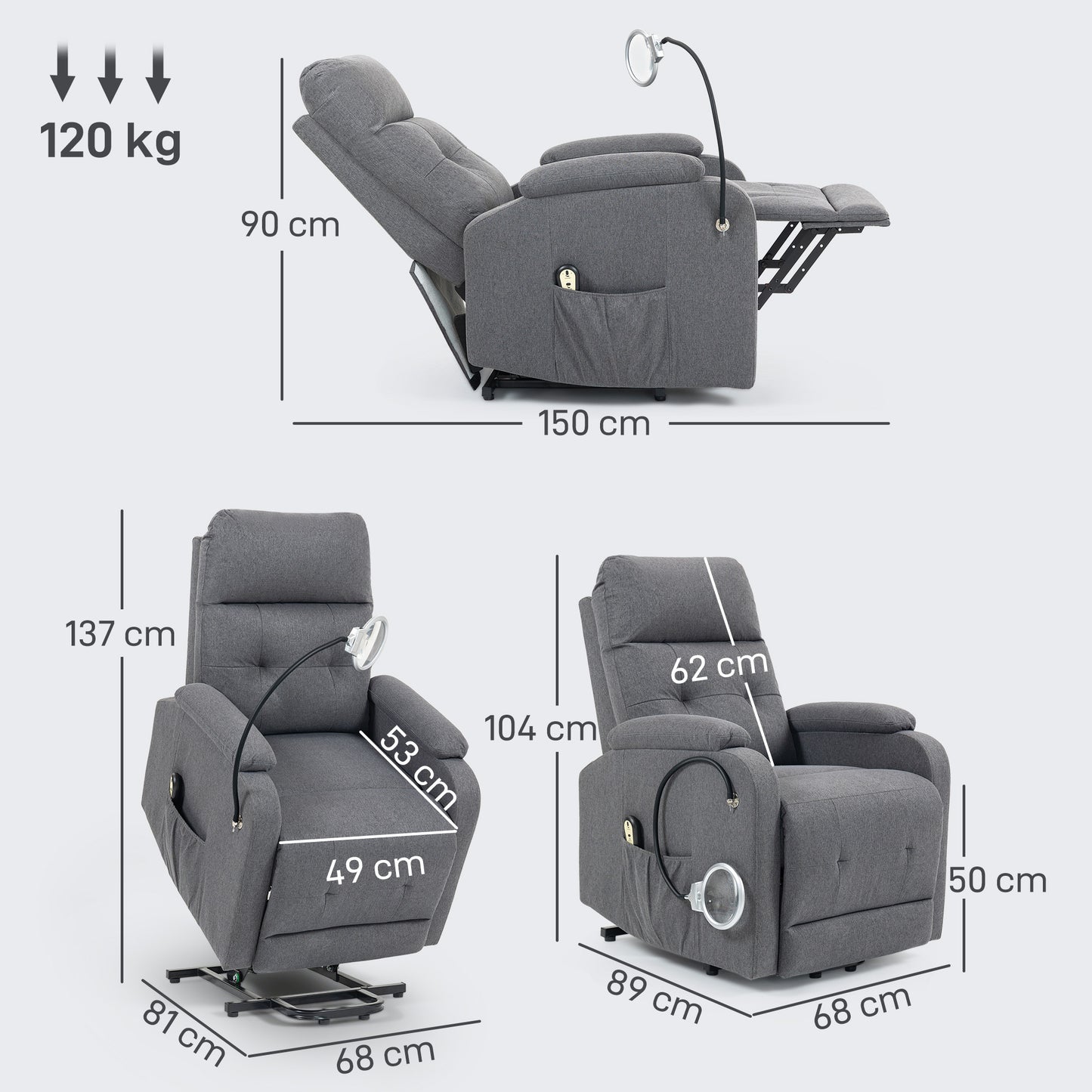HOMCOM Electric Rise/Recline Armchair, with Reading Light - Grey