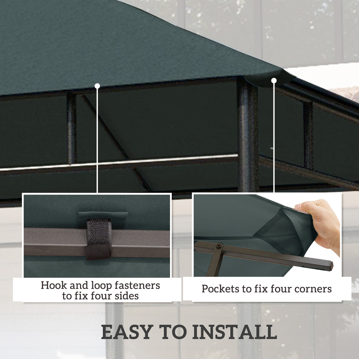 Gazebo canopy underside showing hook-and-loop fasteners and corner pockets.