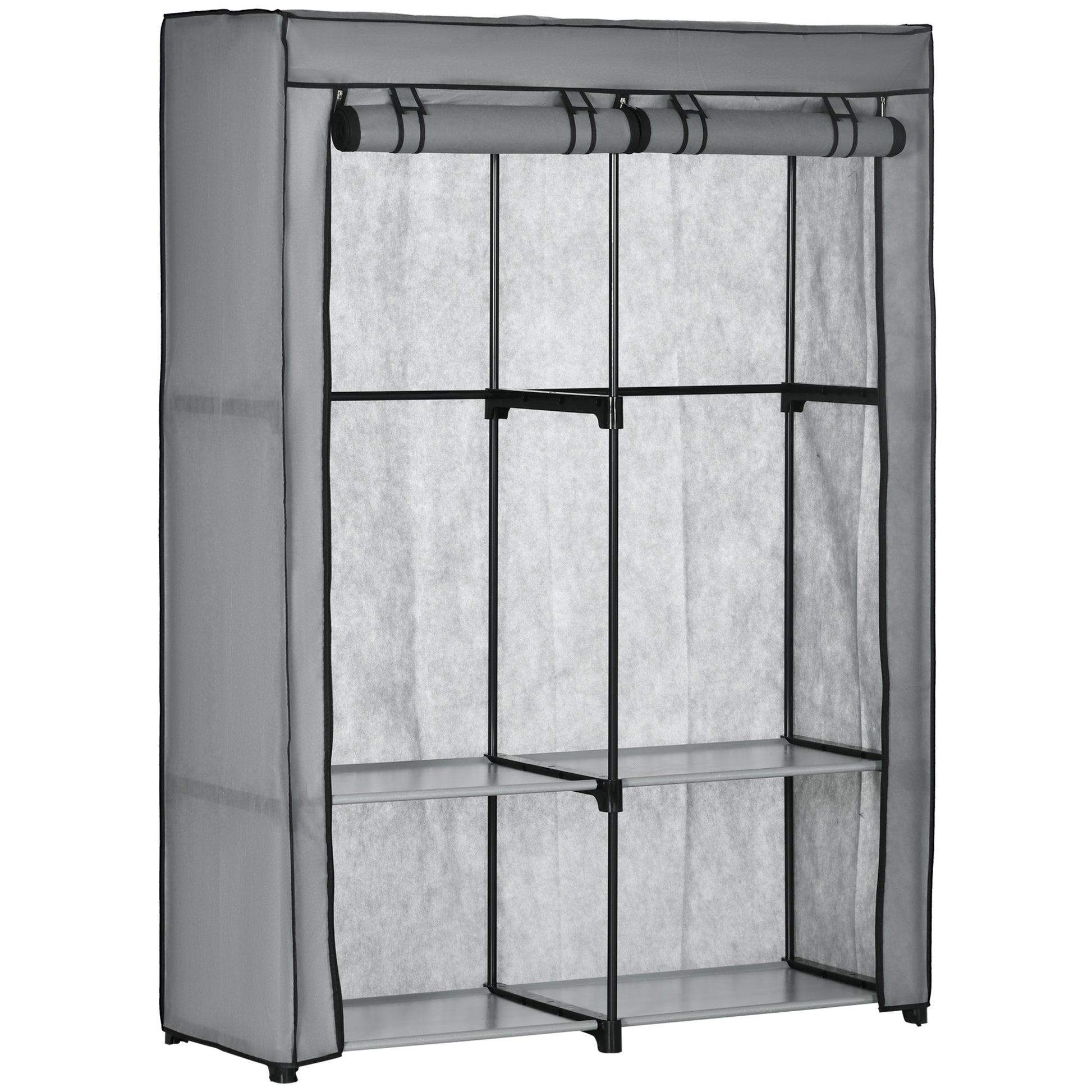 Photo of HOMCOM Steel Frame Fabric Wardrobe, with Rail and Shelves - Light Grey in Grey colour on a white background