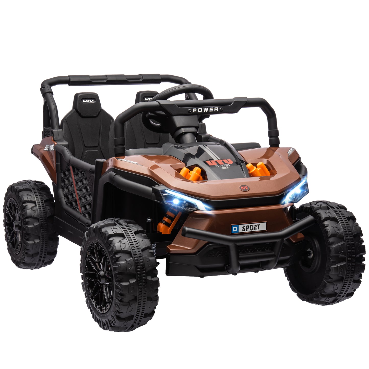 Photo of AIYAPLAY 12V Battery Powered Ride on Truck w/ Remote, Four Suspension Wheels, Horn, Lights, Music, USB, for Ages 3-5 Years, Brown in Brown colour on a white background