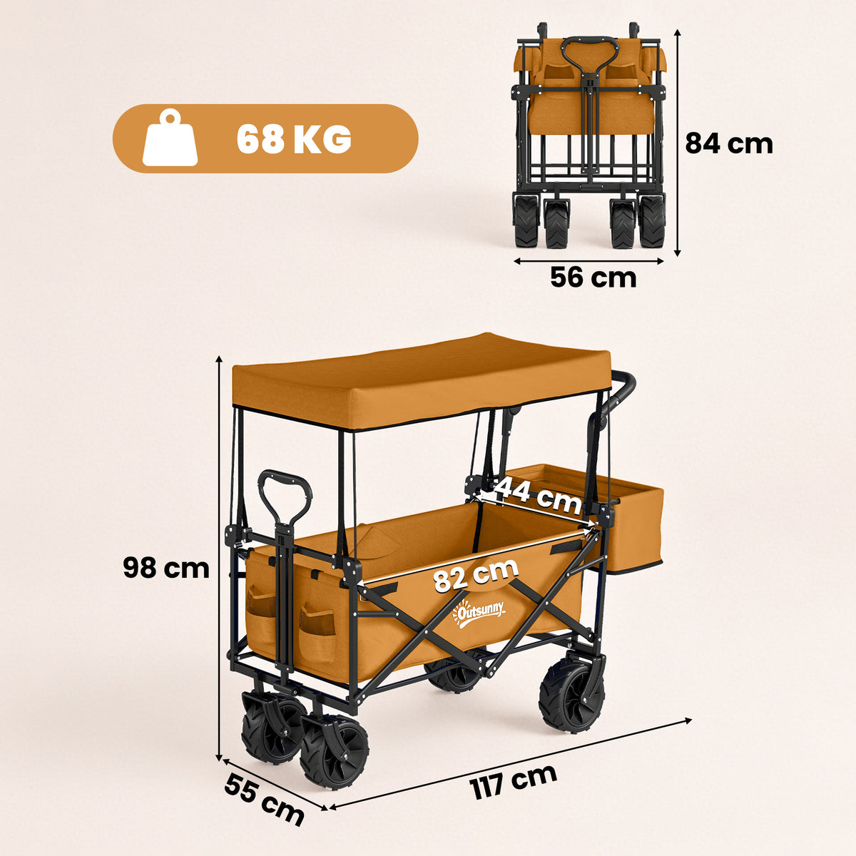 Orange covered folding wagon shown with dimensions and 68 kg capacity