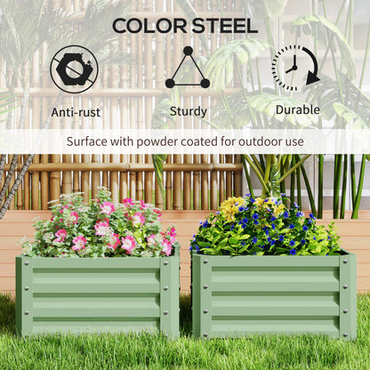 Two light green powder-coated steel planter boxes with flowers, shown for outdoor use