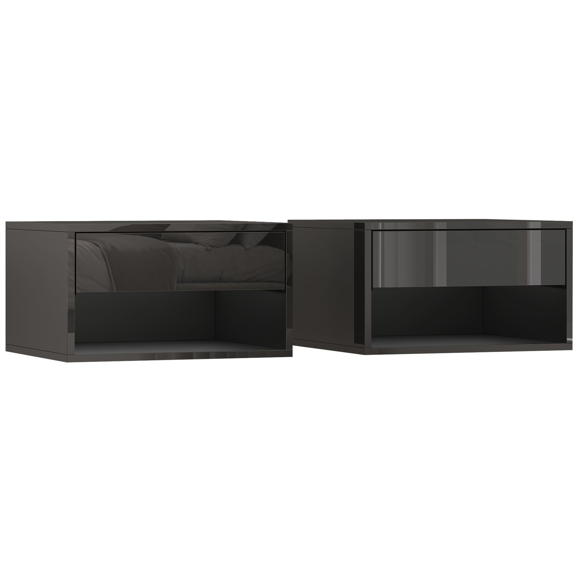 Photo of HOMCOM Floating Bedside Tables Set of 2, Wall Mounted Nightstand, High Gloss Black in Black colour on a white background
