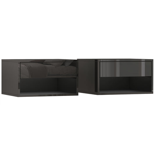 Photo of HOMCOM Floating Bedside Tables Set of 2, Wall Mounted Nightstand, High Gloss Black in Black colour on a white background