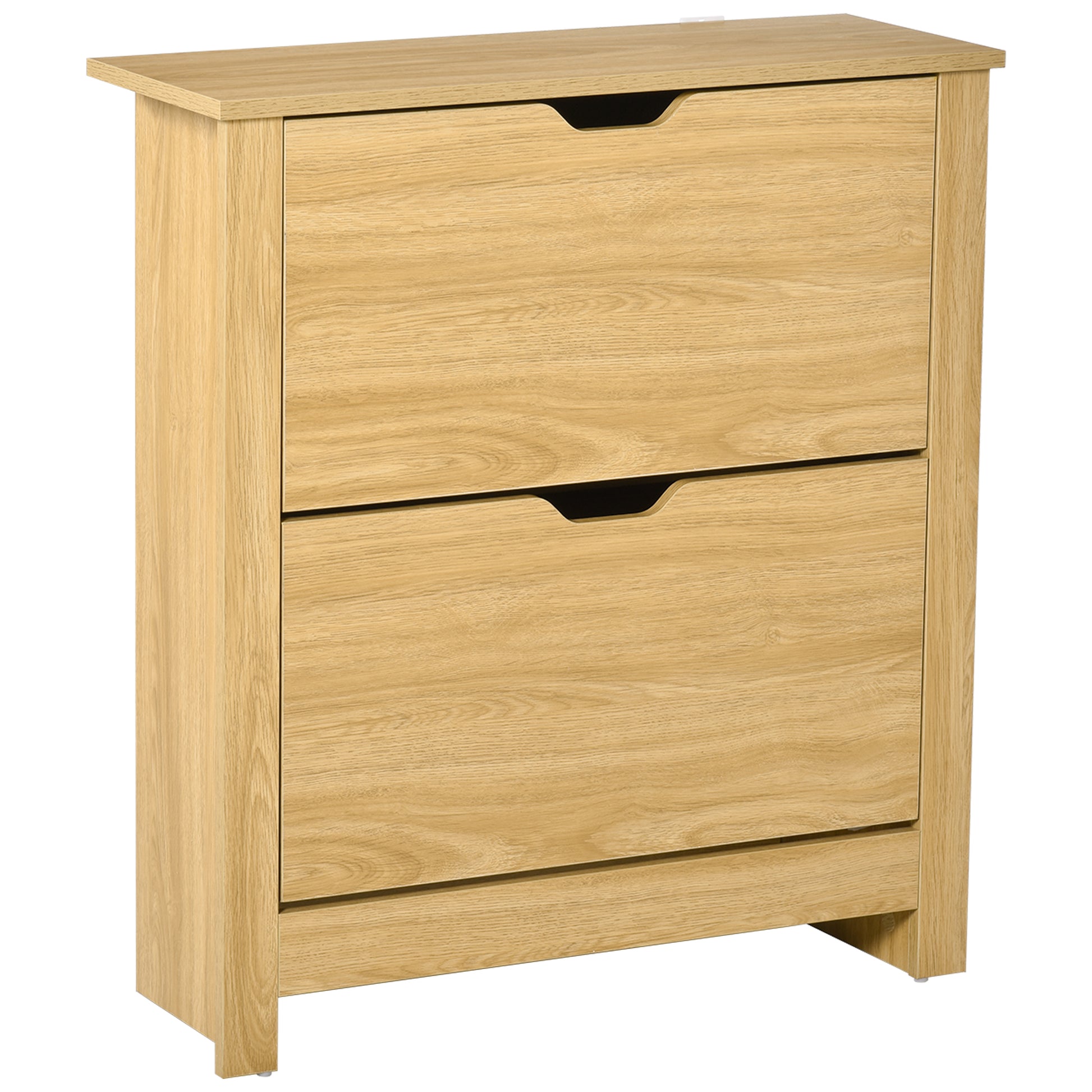 Photo of HOMCOM Narrow Shoe Cabinet, Space Saving Shoe Storage Cabinet with 2 Flip Drawers and Adjustable Shelves for 6-12 Pairs of Shoes for Hallways and Living Room, Natural Wood Finish in Finish colour on a white background