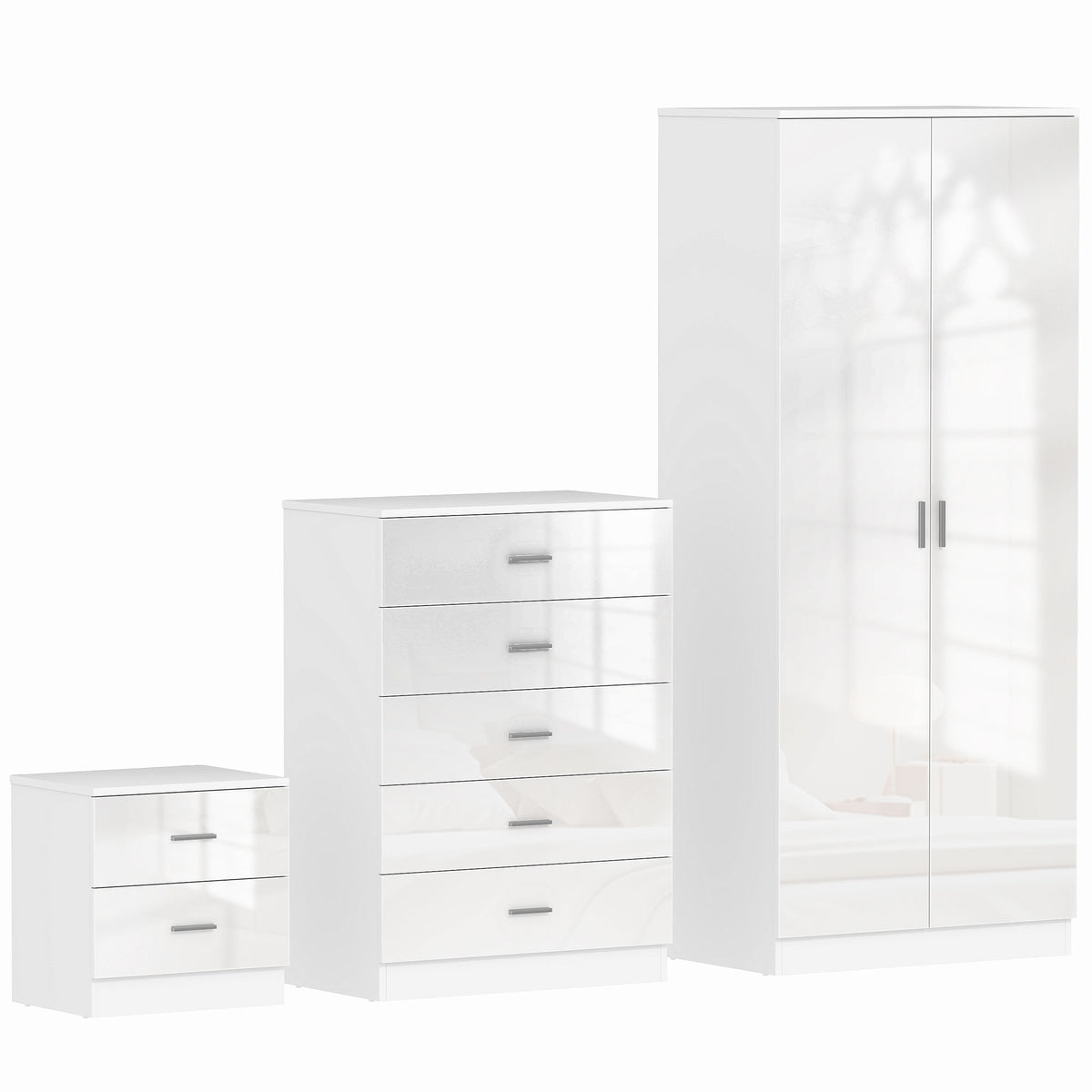 Photo of HOMCOM High Gloss 3 Piece Trio Bedroom Furniture Set Wardrobe + Chest Of Drawer + Bedside White in White colour on a white background