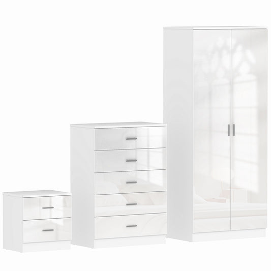 Photo of HOMCOM High Gloss 3 Piece Trio Bedroom Furniture Set Wardrobe + Chest Of Drawer + Bedside White in White colour on a white background