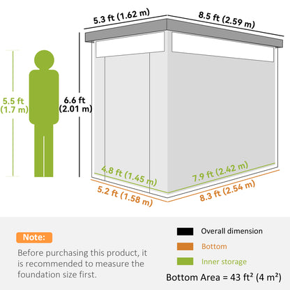 Outsunny steel garden shed with dimensions and 43-square-foot storage area diagram