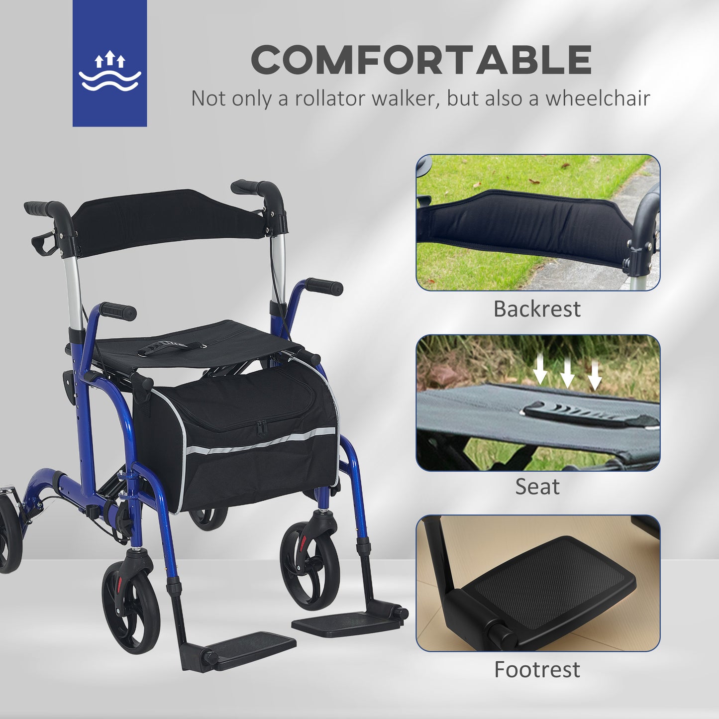 HOMCOM 2 in 1 Wheelchair Transport Chair & Folding Rollator Walker with Seat, Backrest, Footrest, Lightweight Walking Frame with Bag, Adjustable Height, 4 Wheeled Walker for Seniors, Pearl Blue