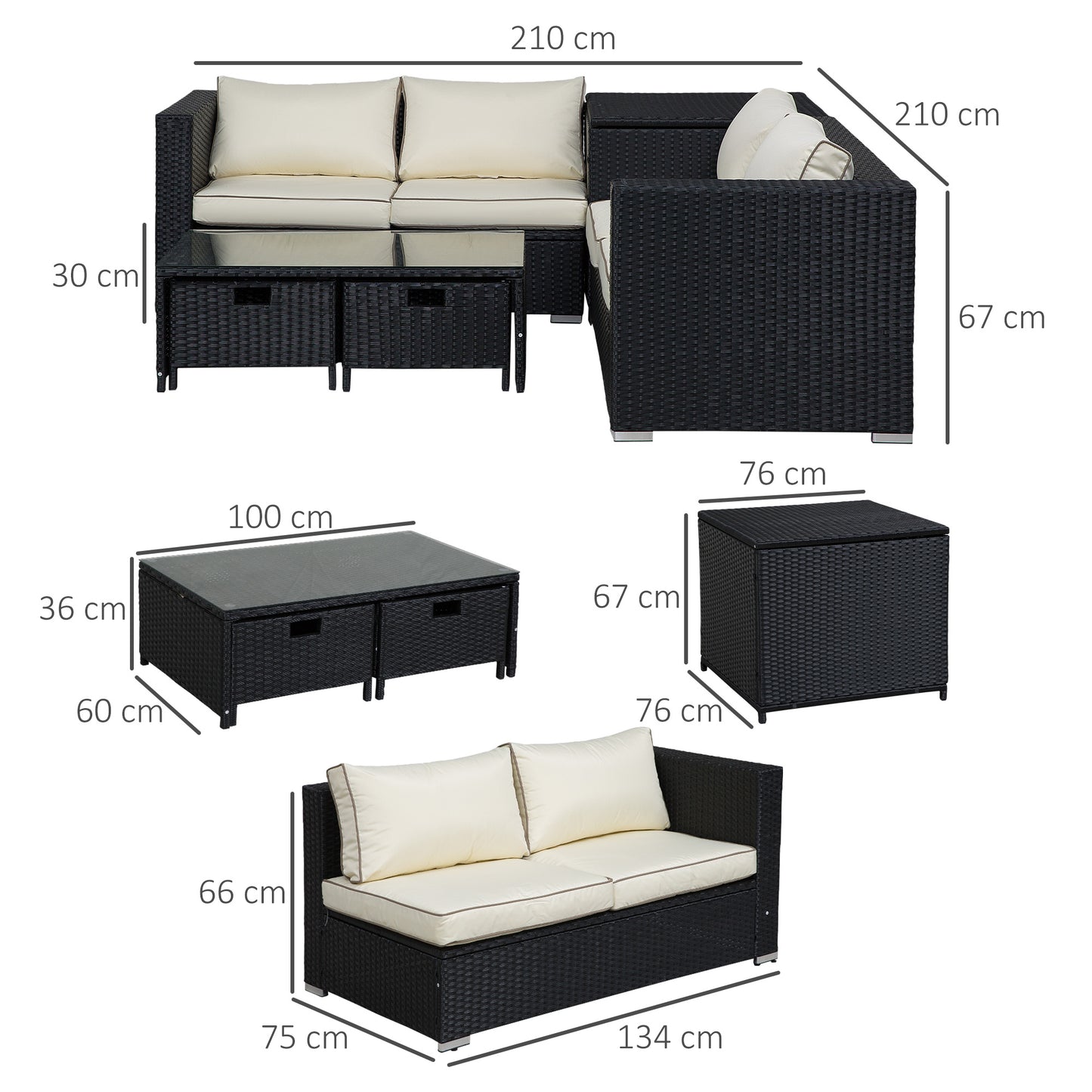 Outsunny 4 Seater Rattan Garden Furniture Set with Storage Box, 2 Drawers Coffee Table, Black